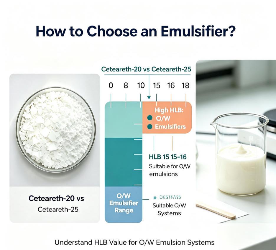 Comment choisir un émulsifiant ? Ceteareth-20 ou Ceteareth-25 ? Pour les émulsions H/E, il faut d’abord comprendre la valeur HLB.